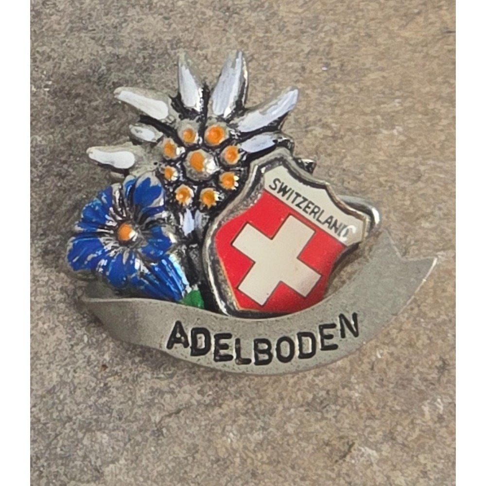 ADELBODEN Flowers Mountains Travel Bavarian Souvenir Lapel Pin Switzerland Swiss